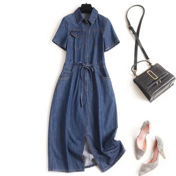 

Women jeans dress summer 2020 short sleeve single breasted turn down collar brief shirt dresses blue
