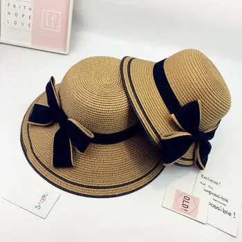 

Summer Parent-child Women Baby Kids Girl Beach Bow Straw Flat Brim Sun Hat Cap Casual Lady Women Flat brim Bowknot Straw hat* p