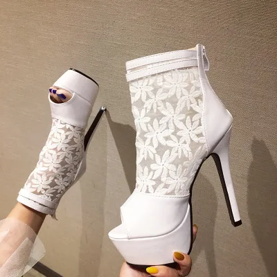 

2019 Summer Gladiators Ankle Boots Women Boots Peep Toe Thin High Heels 14cm Lace Spring Women Mesh Hollow Women Shoes Pumps