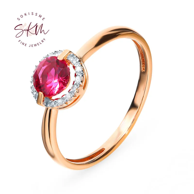 

SKM Rose Gold Ruby Ring For Women Genuine Fancy Engagement ring Diamond Anniversary Unique Elegant Fine Jewelry