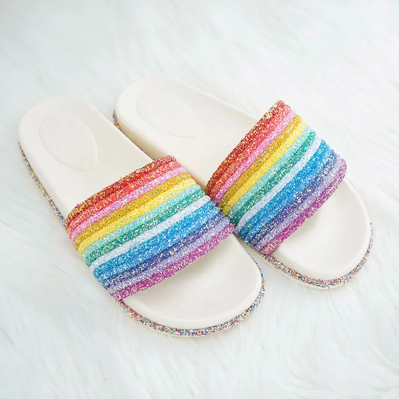 Rainbow Bling Slippers for Girls Summer Non-slip Soft Beach Ladies Slides Flats Shoes Home Women Slipper Outdoor Footwear Sandal