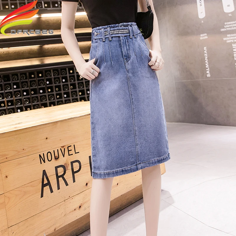 

High Elastic Waist Slit Hem Pocket Patch Denim Skirt Women Casual High Waist Jeans Skirt Ladies Latest Style Solid Midi Skirt