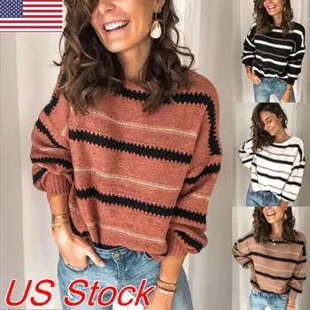 

Autumn and winter women's long-sleeved sweater loose knit pullover casual wild round neck sweater striped warm sweater coat