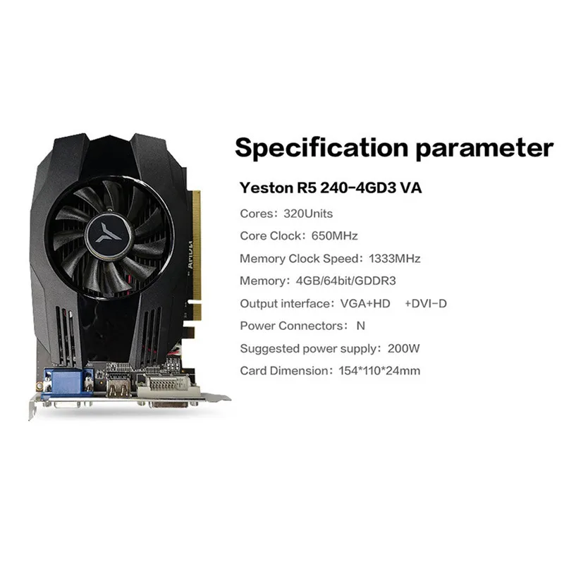 Игровая видеокарта Yeston R5 240 4GD3 VA 320 блок 650 МГц 1333 4 Гб GDDR3 64Bit игровая