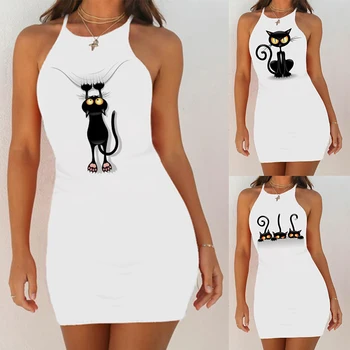 

2020 Sexy Night Dress Women Night Shirts Nightie Sleepwear Nightgown Cute Black Cat Print Slim Pack Hip Sleeveless Sleepshirts