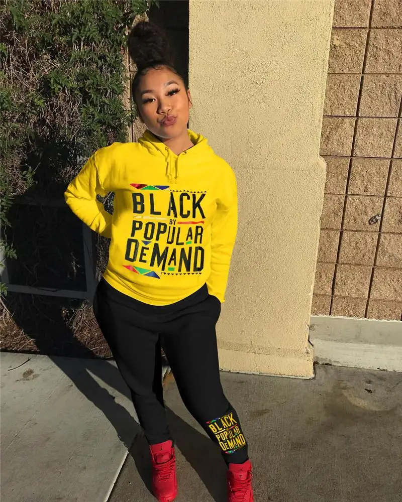 Tanie Kobiety 2 sztuka stroje czarny przez popularne popytu litery bluzy z kapturem i legginsy spodnie odzież sportowa jesień tkaniny zestaw C81303