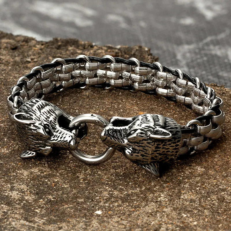 Viking Wolf Head Stainless Steel Leather Bracelet – GTHIC