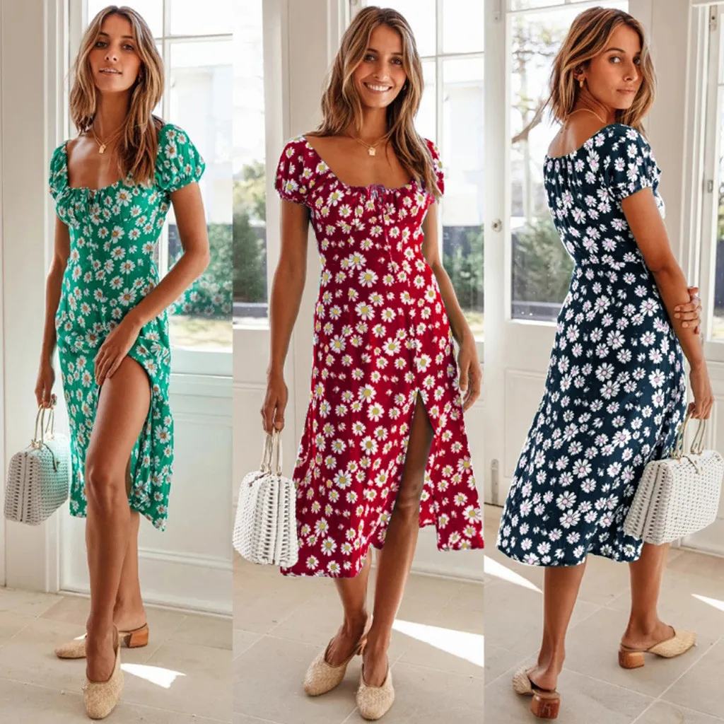 Summer Dress Women Little Daisy Floral Print Square Neck Short Sleeves Boho Slit Sundress Vintage Beach Dresses Vestido | Женская одежда