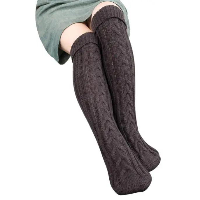 Женские зимние теплые высокие носки, Вязанные шерстяные выше колена, длинный носок для сна, домашние, повседневные, для кровати, одноцветные, крученые носки# S - Цвет: Темно-серый
