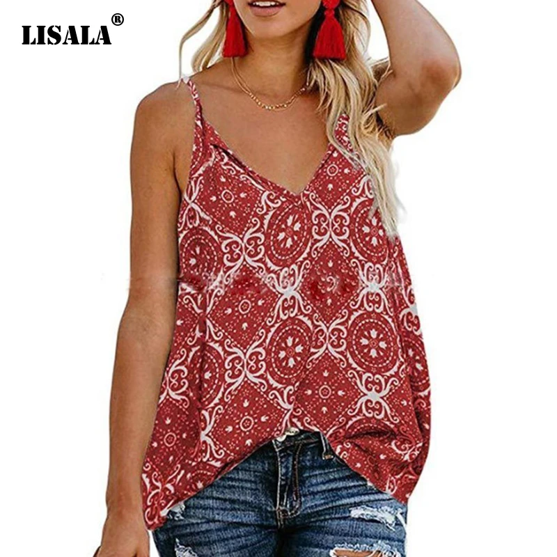 LISALA лето печати V декольте Cami Топ Женская одежда Boho Camisole Спагетти ремень сексуальные топы