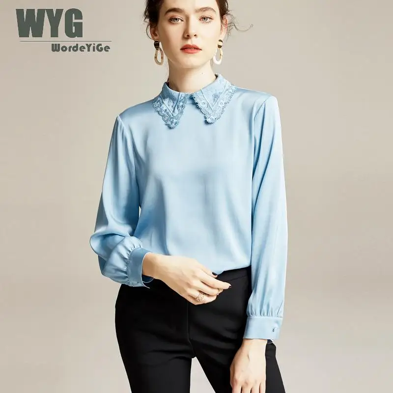 

Elegant Satin Blouses and Tops 2020 Spring New France Fashion Embroidery Turn-down Collar Light Blue Pure Silk Shirts