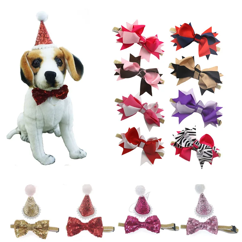 

2pcs/set Pets Dog Accessories Cap And Dog Bow Tie Swallowtail Bow For Birthday New Year Hair Accessories Cat Dog Pet Accessory