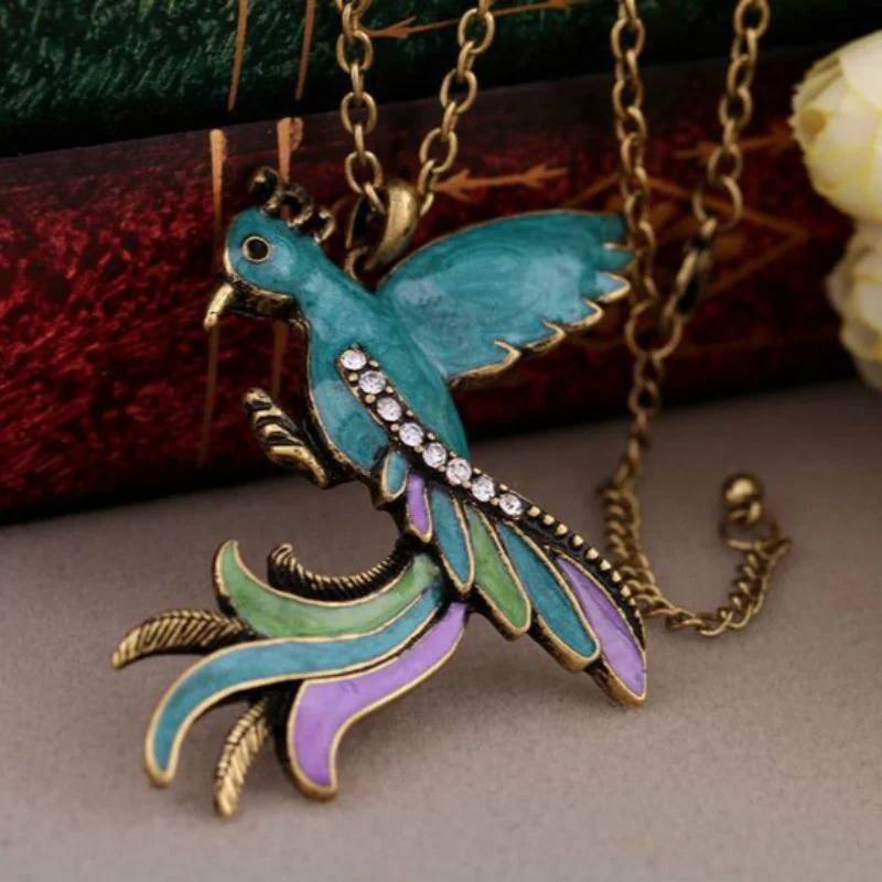 Brand Design Vintage Phoenix Enamel Pendant Necklace Glazed Crystal Peacock Bird Long Sweater Chain Women Jewelry | Украшения и