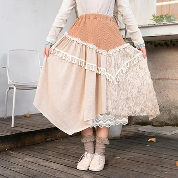 

2020 new mori girl Japanese style irregular lace patchwork long women skirts
