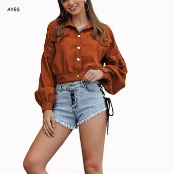 

2019 Spring Autumn New Women Corduroy Coat Long Sleeves Warm Crop Tops Coat Outwear Cropped Jacket Turn Down Collar Streetwear
