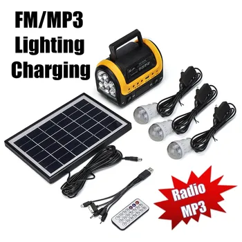 

Radio Solar Panel Power Generator Portable LED Lighting System Kit MP3 Radio Flashlight USB Charger 3 LED Bulb Outdoor Emergency