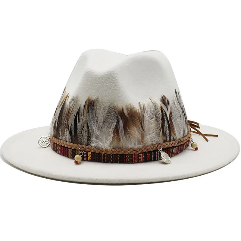 

Hat Male Fedora Hats For Women Feather Belt Hat White Luxury Fashion Hat Church Party Performance Caps Wide Brim Autumn Winter