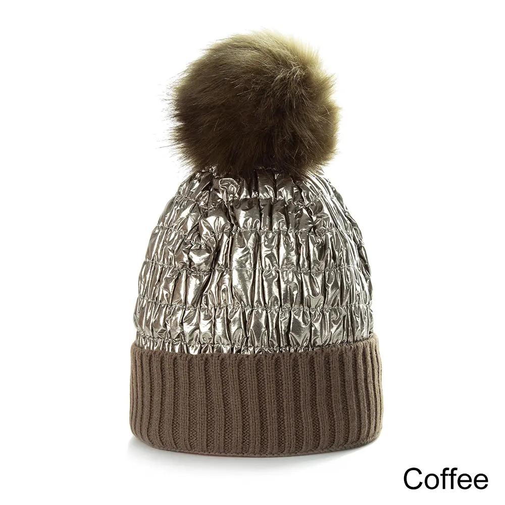 Модная зимняя женская шапка, блестящая, ветрозащитная, дизайн, помпон, шапочки, шапка, утолщенная, теплая, Вязанная, Skullies, шапочки, женская шапка - Цвет: coffee