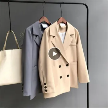 

Winter Woman Blazer Jacket Coat Double Breasted Cotton Chic Long Suit Female Khaki Blue Casual Cardigan