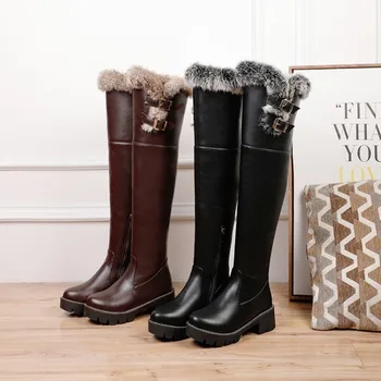 

Womens Over The Knee Thigh Boots Fur Round Toe Platform Warm Winter Thick Chunky Heel Belt Buckle Riding Punk Motorcycle Shoes