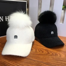 Шапка для женщин, осень и зима, Простой натуральный шарик из меха лисы, Корейская плюшевая бейсболка с вышивкой буквы м, шапки для студенток