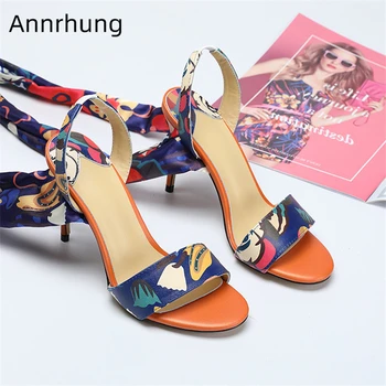 

Printed Color Satin Ribbons Sandals Women 10cm Thin Heel Back Strap Ankle Wrap Cross-tied Open Toe Summer Shoes Woman