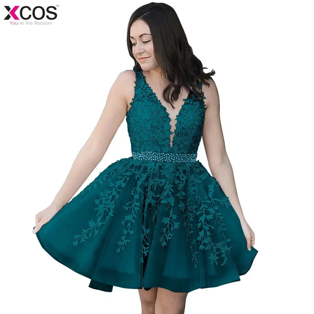 Vestidos de Fiesta color esmeralda talla grande 2019 de tul de encaje Línea A cuello en V Vestido de graduación Corto Mujer Vestidos de Cóctel _ - AliExpress Mobile