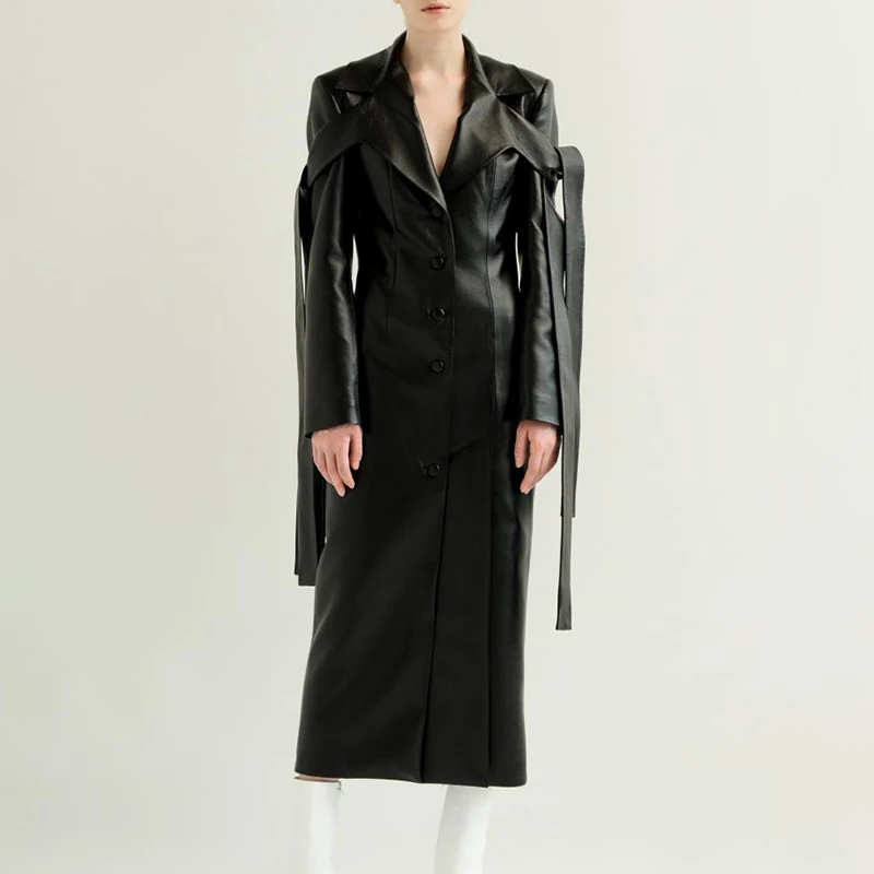 TWOTWINSTYLE Lace Up PU Leather Women's Coat Lapel Collar Long Sleeve Coats Female Large Size 2019 Autumn Winter Fashion OL New (3).jpg