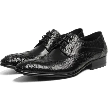 

England Fashion Patent Leather Men Dress Pointed Toe Crocodile Pattern Business Male Formal Genuine Leather Shoes Flat