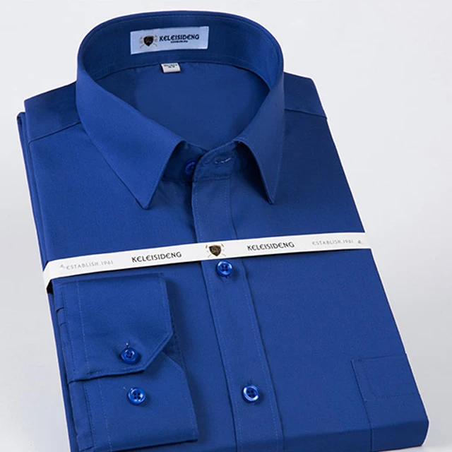 Royal-blue Мужская хлопковая Классическая однотонная рубашка без железа с одним накладным карманом и длинным рукавом, Мужская официальная деловая рубашка - Цвет: Royal-blue