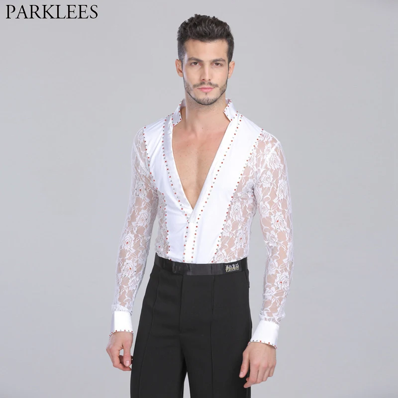 Men's Professional Latin Lace Shirts Deep V Neck Tuxedo Leotard Shirt Male Long Sleeve Salsa Samba Chacha Modern Dance Chemise Men's Professional Latin Lace Shirts Deep V Neck Tuxedo Leotard Shirt Male Long Sleeve Salsa Samba Chacha Modern Dance Chemise