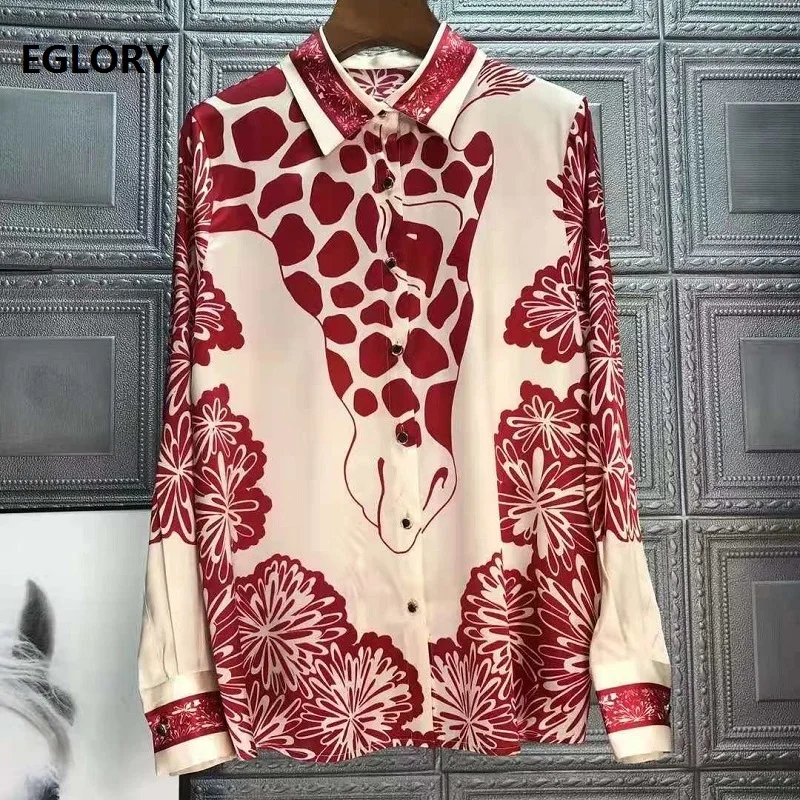 

Tops Fashion Silk Blouses 2021 Spring Summer Shirt Women Turn-down Collar Sweetheart Print Long Sleeve Elegant Red Black Shirt