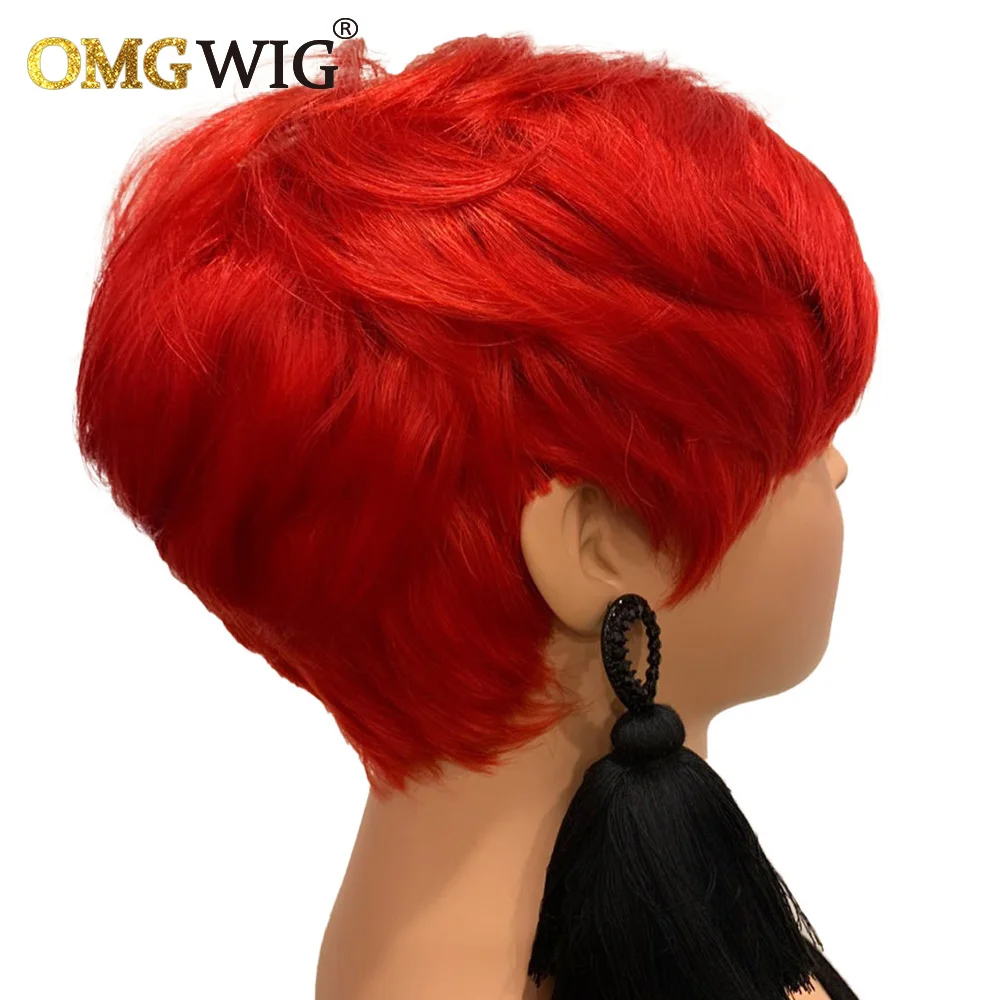 Tanio Fryzura Pixie peruka z naturalnych krótkich włosów czerwony kolor
