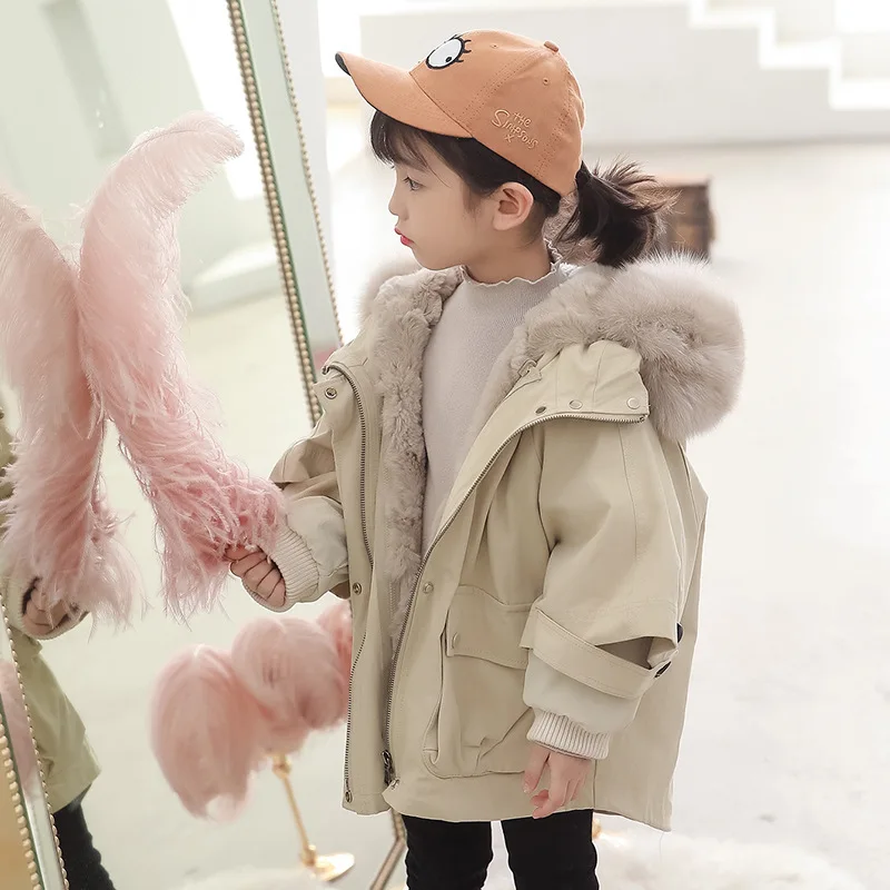 

children's fur coat in autumn & winter Girl long coat leather Rex rabbit coat+fox colla kids warm & windproof winter clothes