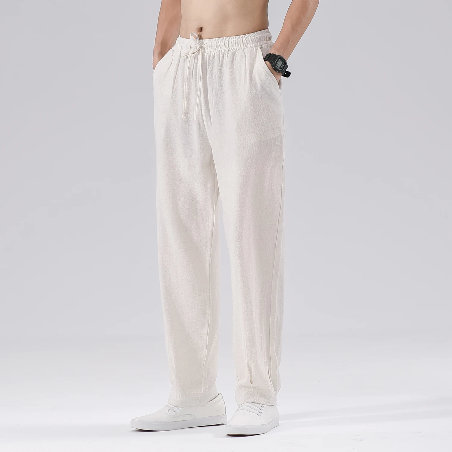 Men Straight pants Linen summer elastic waist long trousers casual Chinese style 