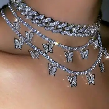

StoneFans Shining Layered Chain Necklace Pendant for Women Rhinestone Cute Butterfly Necklace Choker Tennis Jewelry