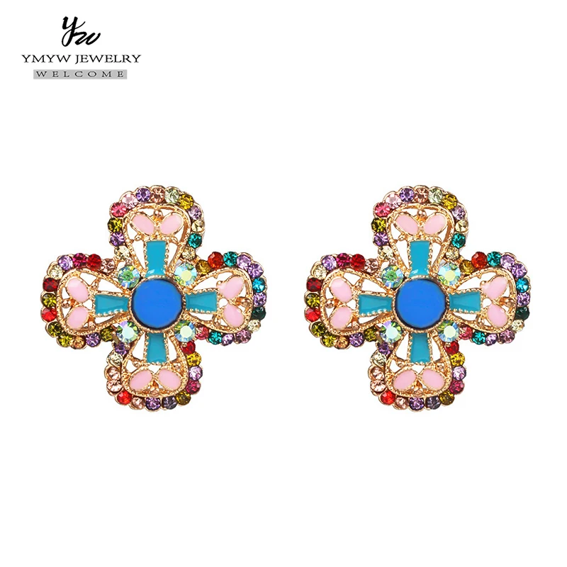 YMYW трендовые серьги-гвоздики в цветочек, винтажные этнические Стразы, красочные эмалированные массивные серьги для женщин, вечерние ювелирные изделия, подарок brincos
