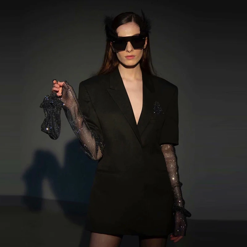 Autumn Solid Blazer For Women Long Sleeve Diamond Patchwork Long Elegant Coat Female Fashion Clothing new arrivals