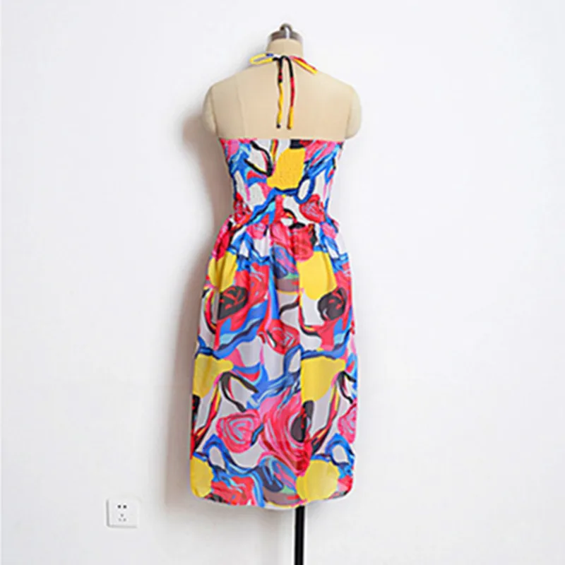 LOSSKY Women Sexy Beach Chiffon Midi Dress Strapless Halter Backless Midi Dress Summer Knee-Length Casual Ladies Fahion Dresses