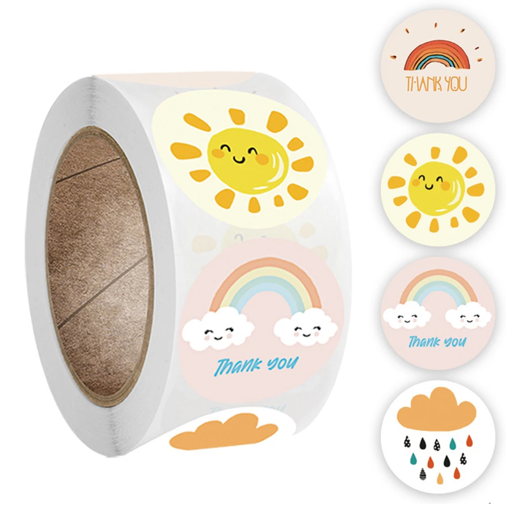 100-500 Pcs Round Thank You Stickers Cute Cartoon Sun Rainbow Clouds Sticker For Handmade Gift Decor Labels Kids Reward Sticker thank you stickers