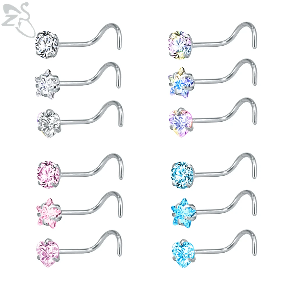 ZS 9-12PCS 316L Stainless Steel Nose Stud Sets Colorful 3mm CZ Crystal Nose Piercing 20g Bone/L Shaped/Nose Screws Nose Ring Set