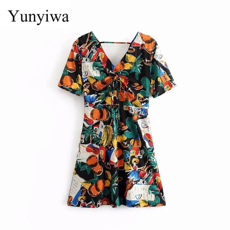 

2020 Elegant Women Vintage V Neck Colorful Graffiti Print Drawstring Mini Dress Female Lace Up Vestidos Chic Party Dress