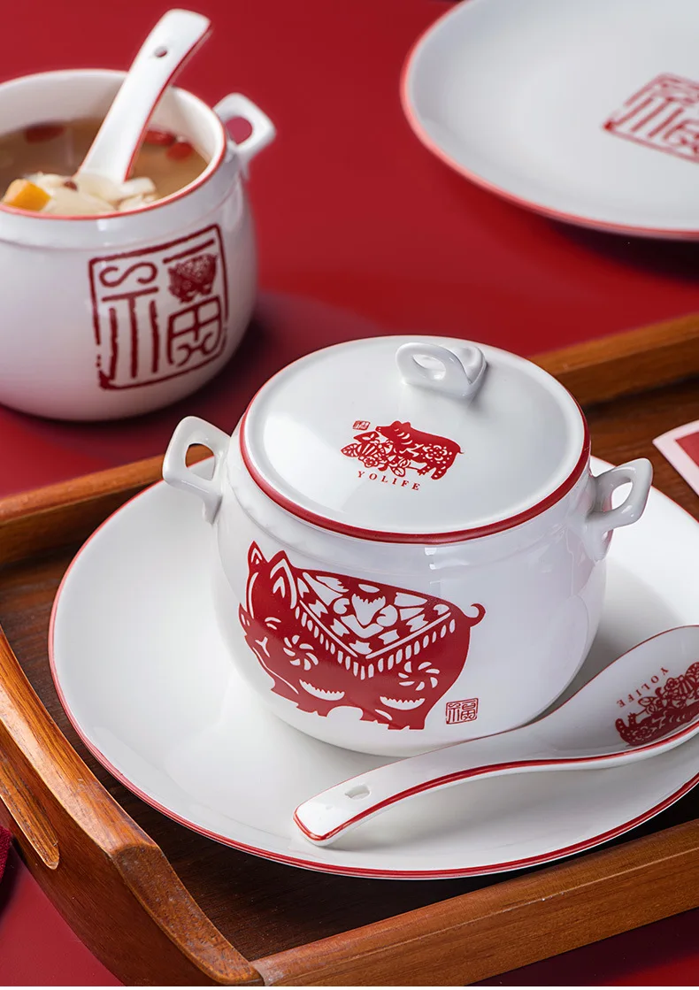 Керамический горшок для тушения Tureen с крышкой тоник суповая чаша мультяшная чашка женьшень кубилоза чаша водонепроницаемый тушью отель китайский стиль медленно