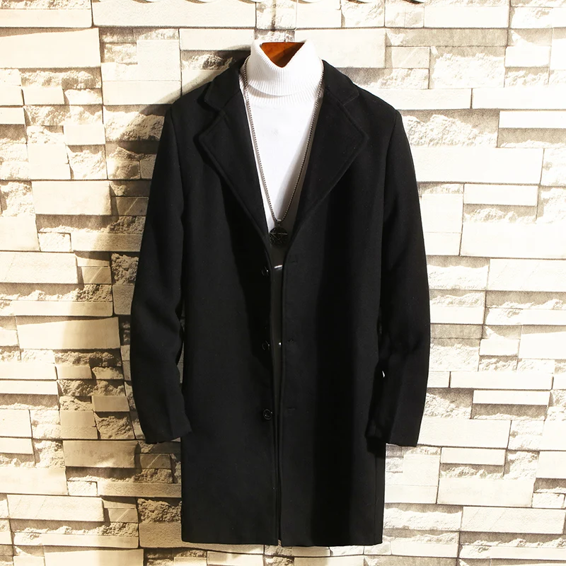 Discount Korean Casual Men's Woolen Coat Regular Solid Turn Down Collar Single Button Trench Overcoat Autumn Winter Long Jackets Tops Man
