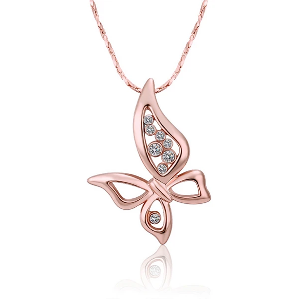 

TN0031 Cute Butterfly design Zirconia Stone Pendent Necklace Female wedding Rose Gold Plated
