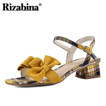 

Rizabina Women Real Leather Sandals Open Toe Plaid Bowknot Buckle Strap Thick Heel Summer Shoes Ladies Footwear Size 33-42