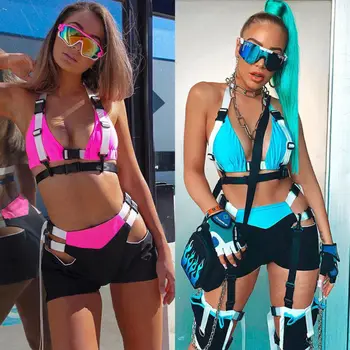

Sexy Women Buckle Tracksuit Halter Bra Bustiers Tank Crop Top +High Waist Shorts Female Casual Sports Set 2020 new