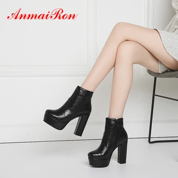 

ANMAIRON Camel High Heel Boots Square Heel Microfiber Round Toe Warm Fur Winter Women Shoes Rubber Basic Ankle Zip Blue Brown