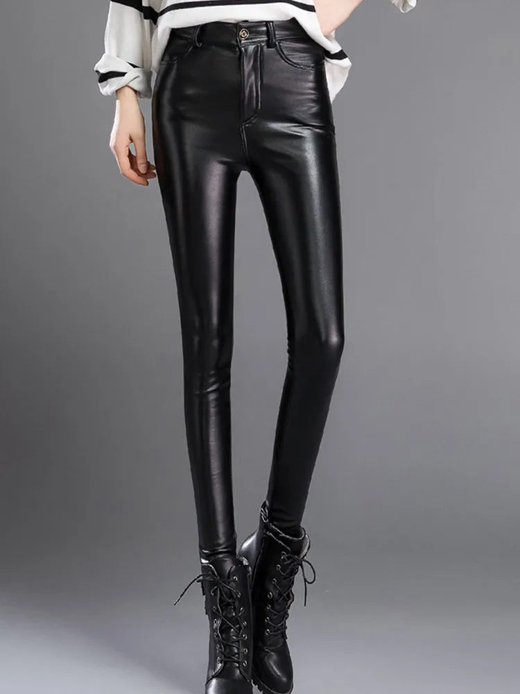 

JUJULAND winter woman PU leggings skinny high waist line warm pencil pants high quality PU leggings 1950-AA