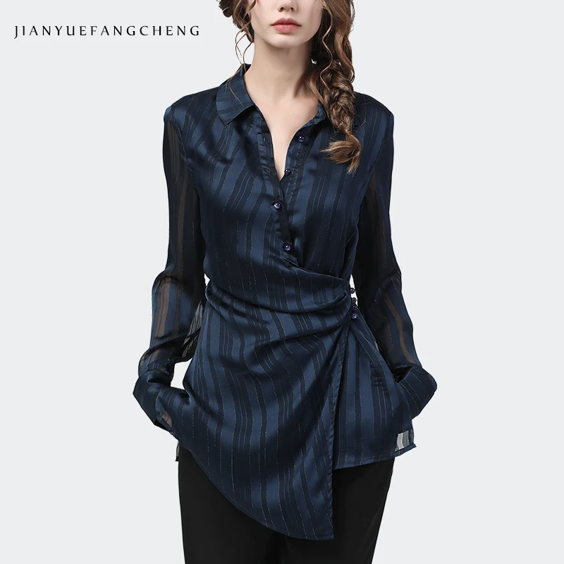 Long Women Chiffon Top POLO Shirt Dark Blue